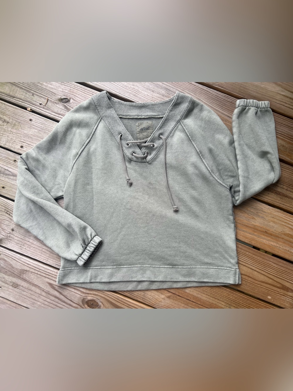 Aerie Olive Green Medium Lace-Up V-Neck Pullover Oversized Top Sweater